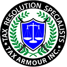 logo-t A circular logo displays "Tax Resolution Specialists Tax Armour Inc." with a blue shield and scales of justice in the center, framed by green laurel branches.